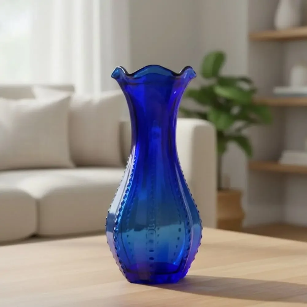 Vintage Indiana Glass Cobalt Blue Beaded Panel Bud Vase Ruffled Rim MCM